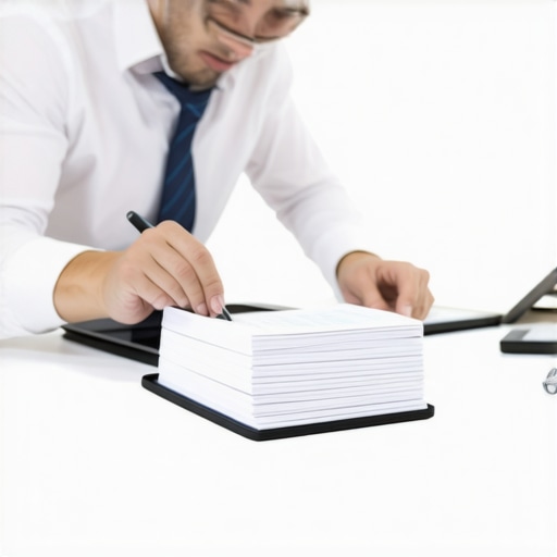 A person organizing business financial ledgers and digital documents to prepare for a transition.