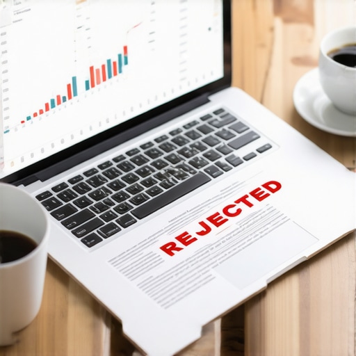 A desk with a rejected tax document and financial software on a laptop