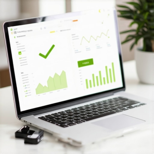 Compliance dashboard on a laptop screen showing successful financial audit checks.
