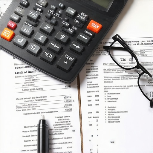 Professional accounting desk with tax forms and calculator representing expertise