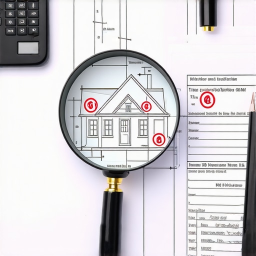 A magnifying glass over house blueprints and tax forms for home office deduction compliance.