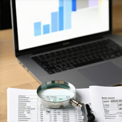 A magnifying glass over financial documents on a desk with a laptop