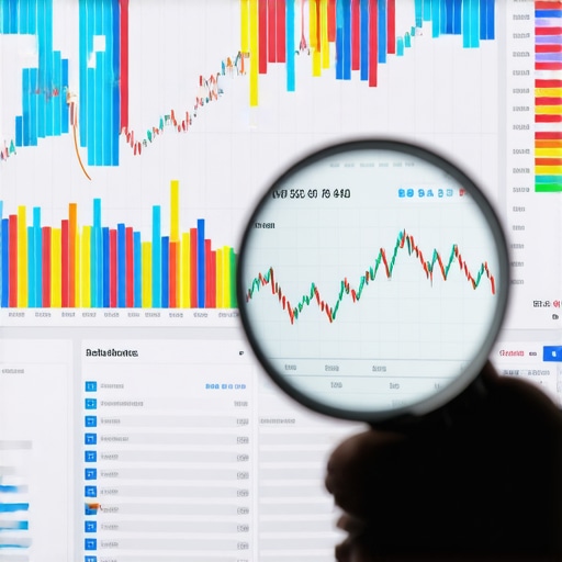 Close up of magnifying glass over financial data on a screen