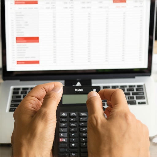 Detecting Ledger Errors Manually Hands using a calculator and laptop to identify errors in a digital financial ledger.