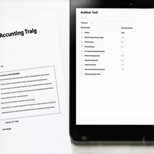 A digital screen showing an audit log next to a physical accounting policy manual.