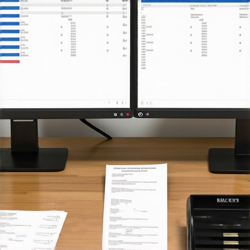 Professional accounting software and digital receipt scanner on a modern office desk for business asset tracking.