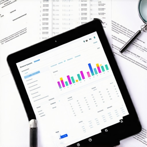 A magnifying glass resting on financial documents next to a tablet showing a ledger.