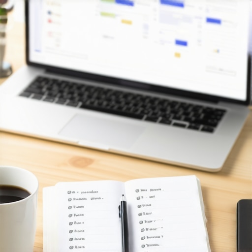 Modern desk setup showing financial software on a laptop and a physical ledger for reconciliation.