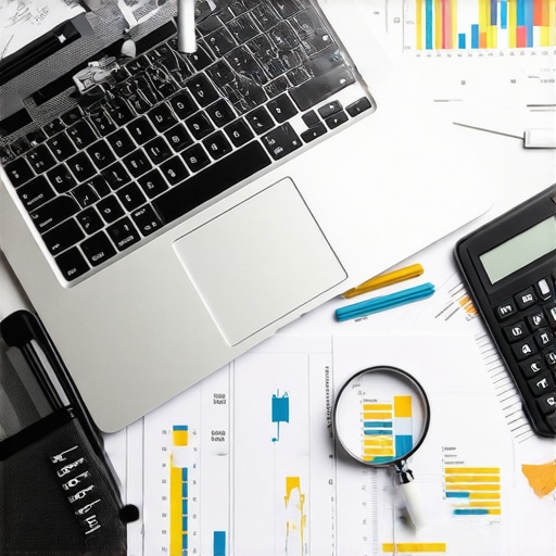 Essential Tools for a Successful Internal Audit Review A desk with financial tools like a laptop, calculator, and magnifying glass representing an internal audit process.