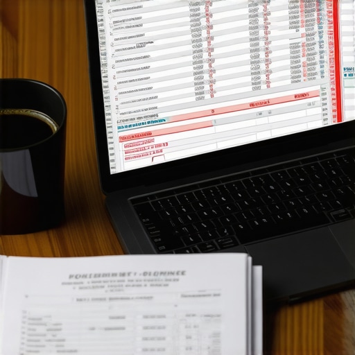 A laptop screen displaying financial spreadsheets with red warning markers next to tax paperwork on a wooden office desk.