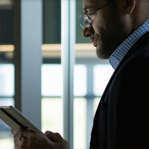 An auditor analyzing financial compliance data on a digital tablet in a professional setting.