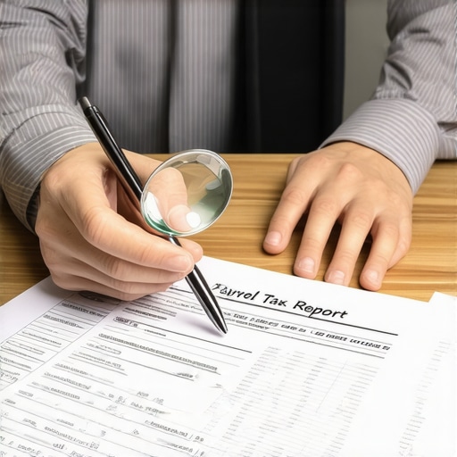 Professional accountant reviewing payroll tax documents with a magnifying glass.