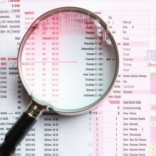 Financial Audit Accuracy and Ledger Verification A professional magnifying glass inspecting a business ledger for errors.