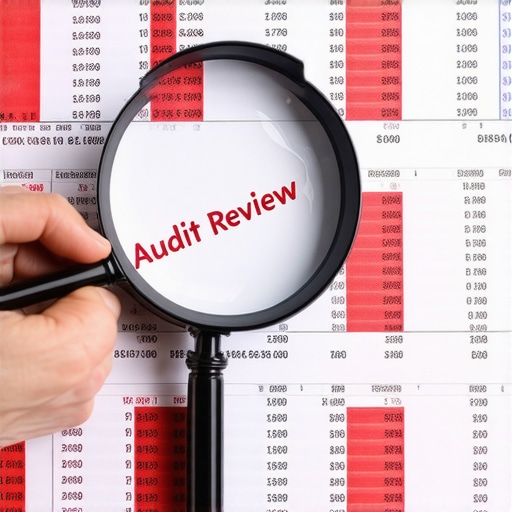 Close-up of a financial audit review showing a magnifying glass over a spreadsheet with highlights.