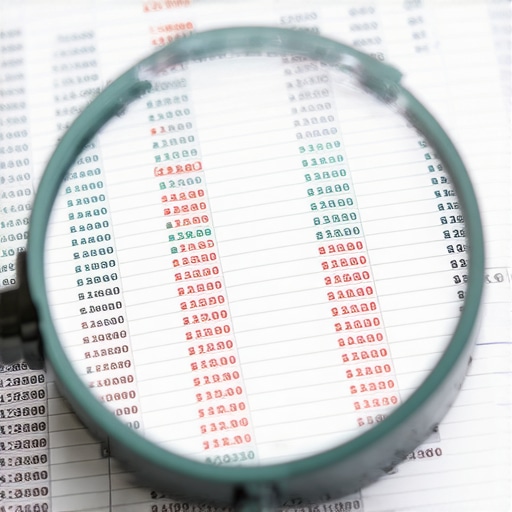 Financial audit scrutiny and forensic accounting check A magnifying glass highlighting errors on a business financial spreadsheet.