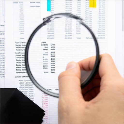A magnifying glass examining a detailed financial spreadsheet for tax audit transparency.