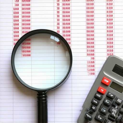 A close-up of an audit professional examining complex financial spreadsheets for errors.