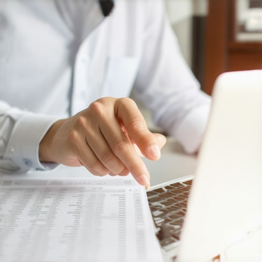 Professional advisor reviewing financial ledger next to a computer screen