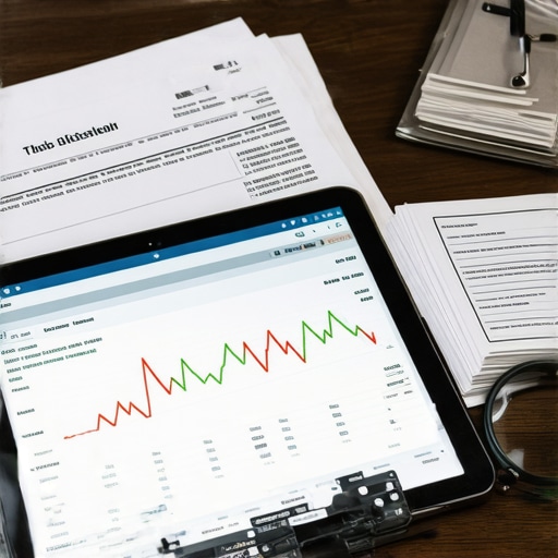A tablet showing a financial dashboard alongside physical tax documents and a magnifying glass.