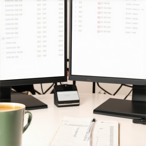 A modern desk setup showing dual monitors with cryptocurrency accounting software and financial balance sheets