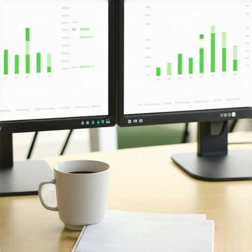 Modern workstation with financial software displaying business metrics and accrual accounting data.