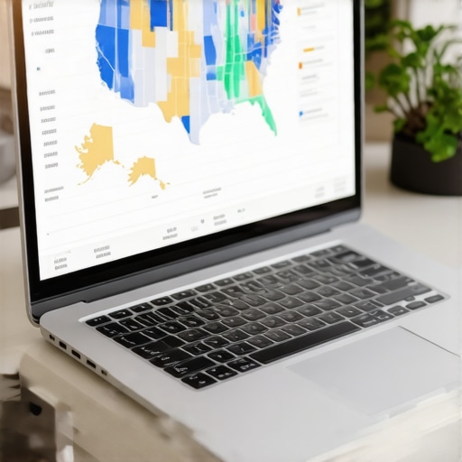 A laptop showing financial data and a US map to represent remote workforce tax liabilities.