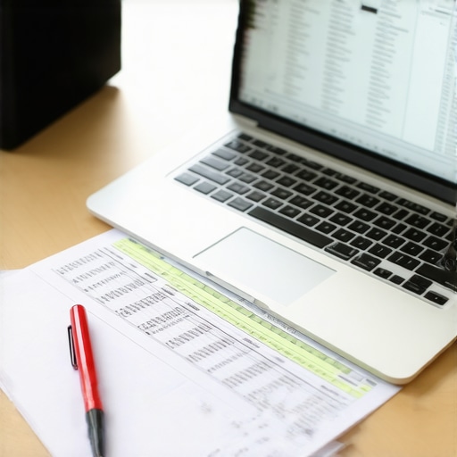 A laptop showing financial spreadsheets next to a physical bank statement and a red pen for auditing.