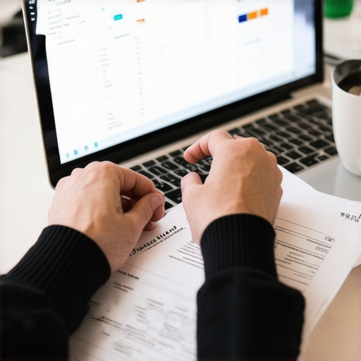 A small business owner reconciling bank statements with physical receipts in a home office setting.
