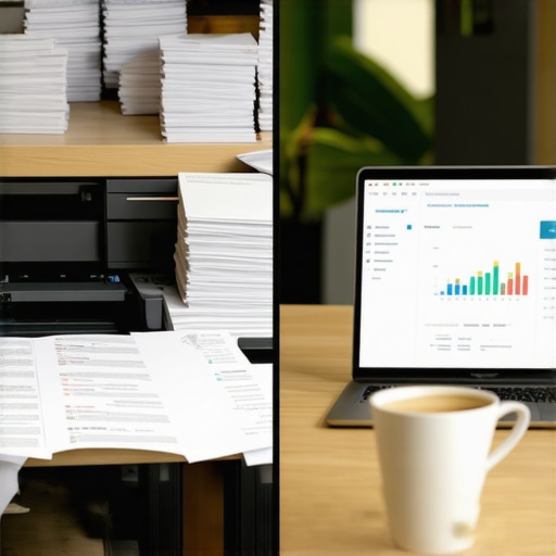 A side-by-side comparison of a chaotic manual paper invoicing process versus a streamlined automated accounting dashboard.