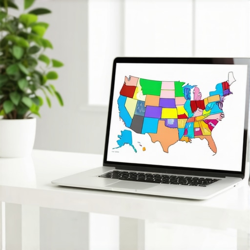 Mapping Business Nexus Across State Lines A digital map on a laptop screen showing various US states highlighted for tax compliance.