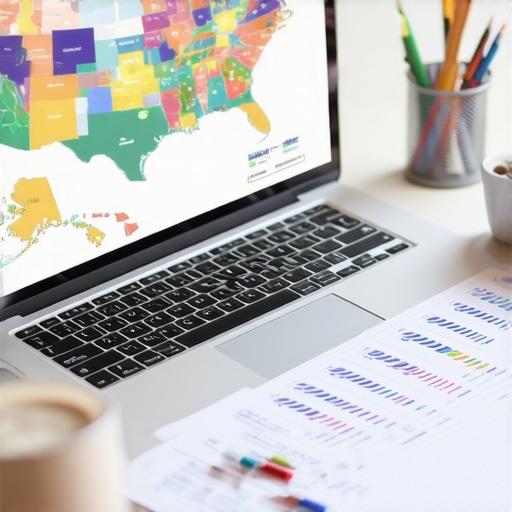 A laptop showing a US map and financial data to illustrate state tax nexus tracking for remote teams.