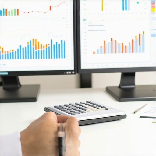 Modern Accounting Workflow with Human Oversight Professional accountant balancing automated software data with manual ledger checks
