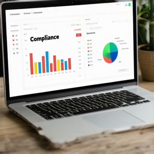 A laptop showing an automated financial compliance dashboard with charts and graphs.