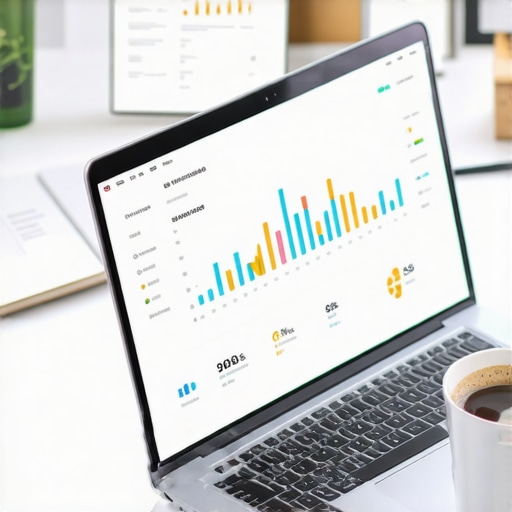A laptop showing a financial dashboard with charts and graphs next to a cup of coffee.