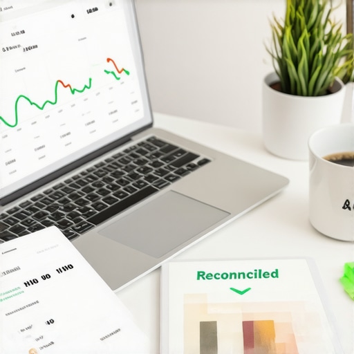 Modern Business Financial Maintenance Desk Business owner's organized workspace for monthly financial reconciliations and tax planning.
