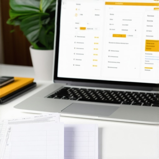 A laptop showing financial data next to a ledger for small business accounting maintenance.
