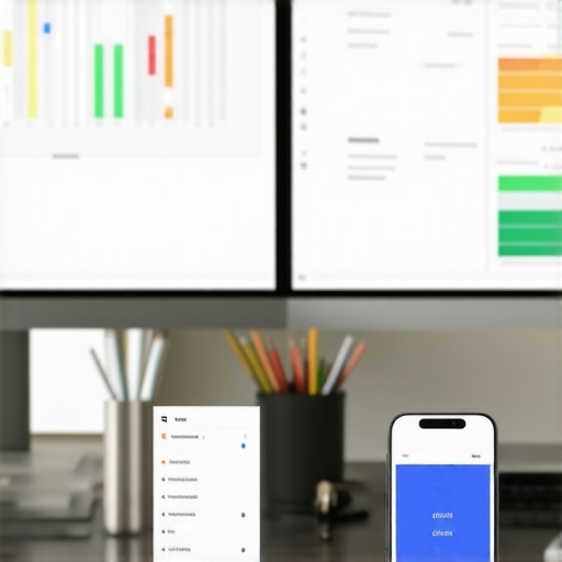 Modern Business Financial Maintenance Tools A clean office desk with financial software and mobile apps for bookkeeping.