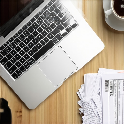 A clean office desk featuring a laptop with accounting software and organized receipts for tax preparation.