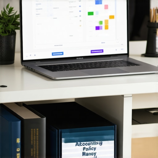 Modern Business Financial Management Tools A professional accounting policy manual and laptop with financial data on a desk