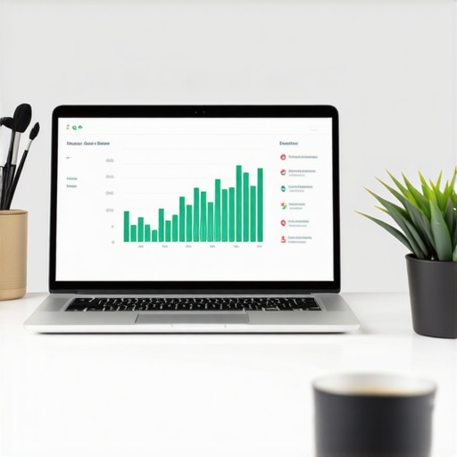 Modern Business Financial Tech Stack A clean workspace showing a laptop with business financial growth charts and accounting software.