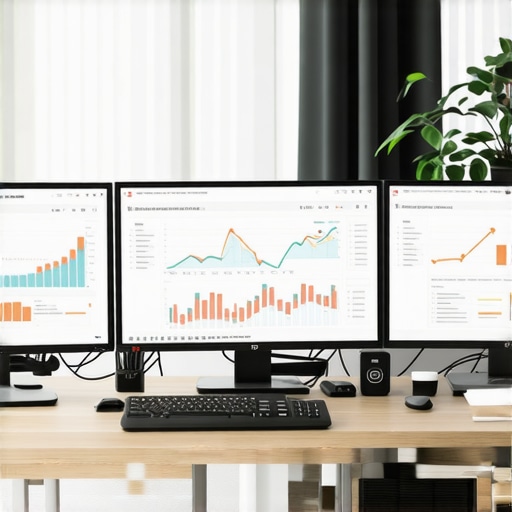 Digital financial dashboard on multiple screens showing business growth metrics and tax compliance tracking.