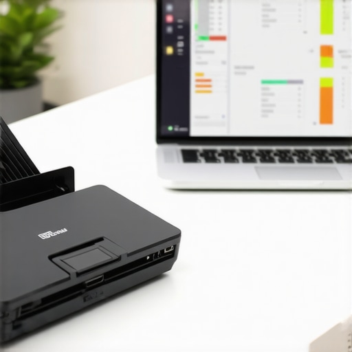 High-speed document scanner and business ledger on a clean desk
