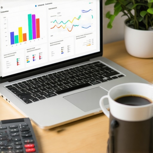 Professional laptop display with financial growth charts and accounting software on a clean desk.