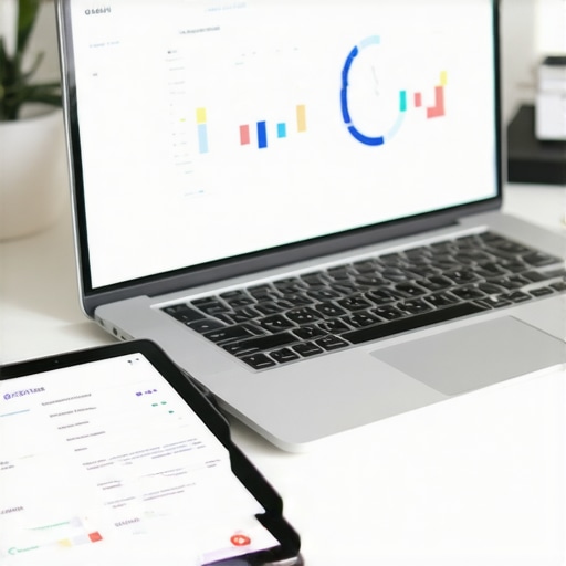Modern Financial Maintenance and Cloud Accounting Setup A professional desk showing financial dashboards and accounting tools for business maintenance.