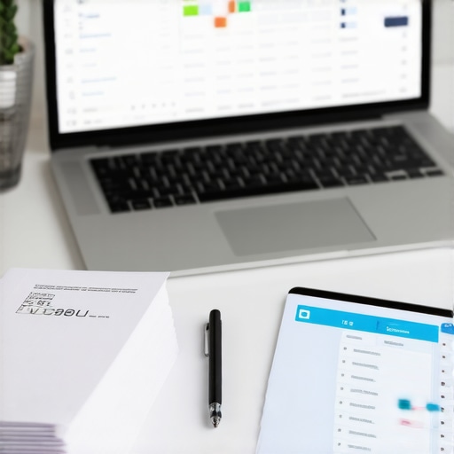 Modern Financial Management Tech Stack A clean office desk with a laptop showing financial reports and a tablet, representing organized business accounting.