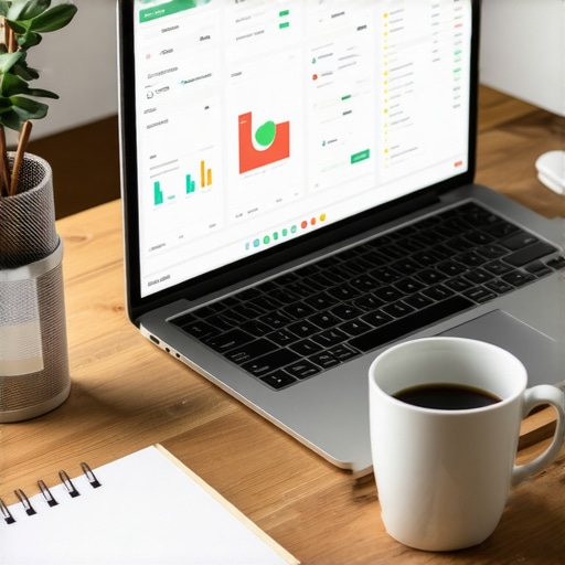 Modern Financial Management Tools Laptop with financial dashboard and notebook.