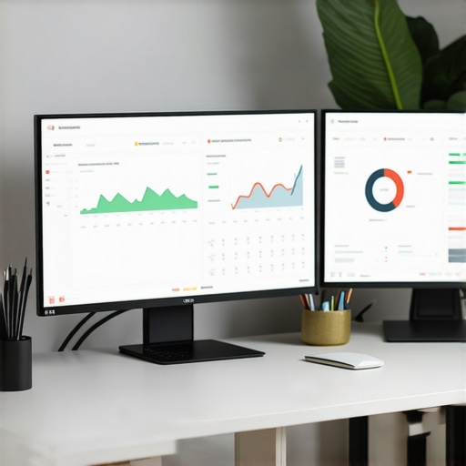 A professional workspace with organized financial data on monitors representing business maintenance.