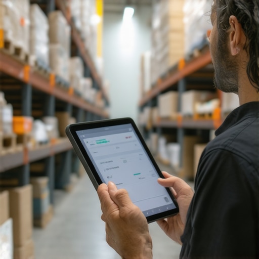 A business owner using a tablet for inventory valuation and stock management in a warehouse setting.