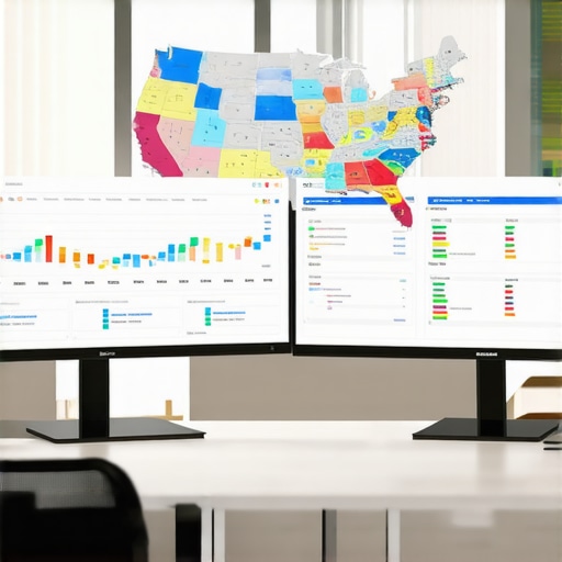 A financial professional's desk featuring dual monitors with tax jurisdiction maps and accounting software.