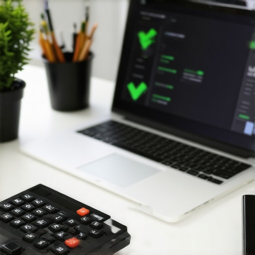A desk with a laptop displaying a financial reconciliation dashboard to show organized bookkeeping.